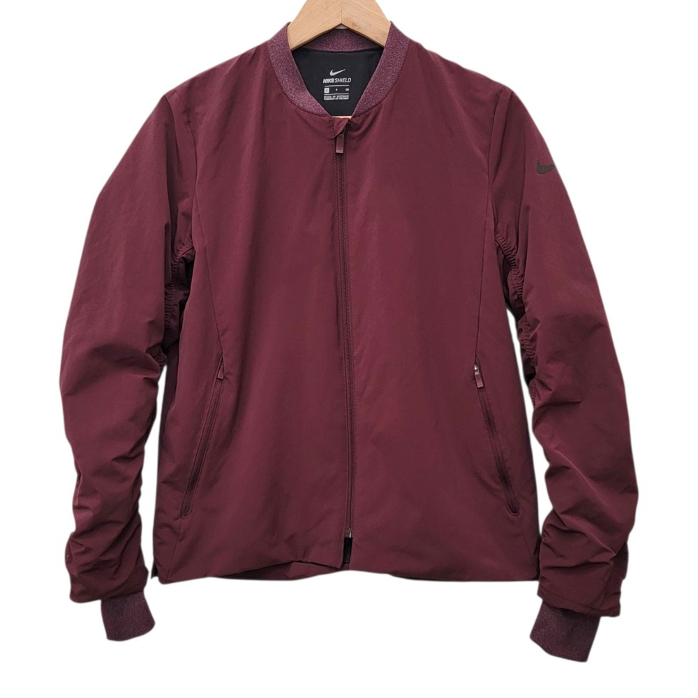 Nike‎ Shield Golf Bomber Jacket Womens Small Burgundy Crush Ruched Sleeves - Picture 2 of 12